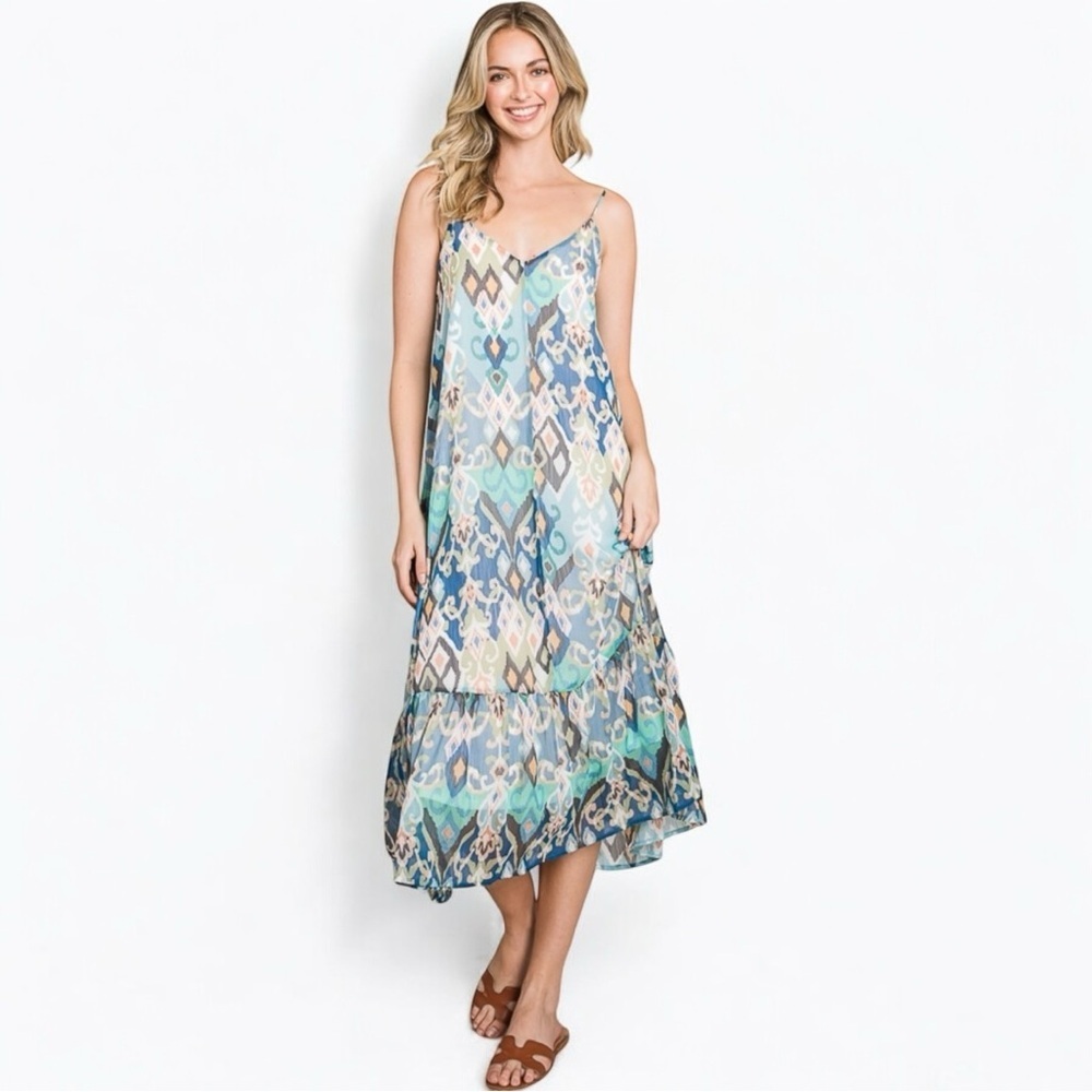NWT Sleeveless Boho Ruffle Printed Woven Blue Green Cami Maxi Dress
